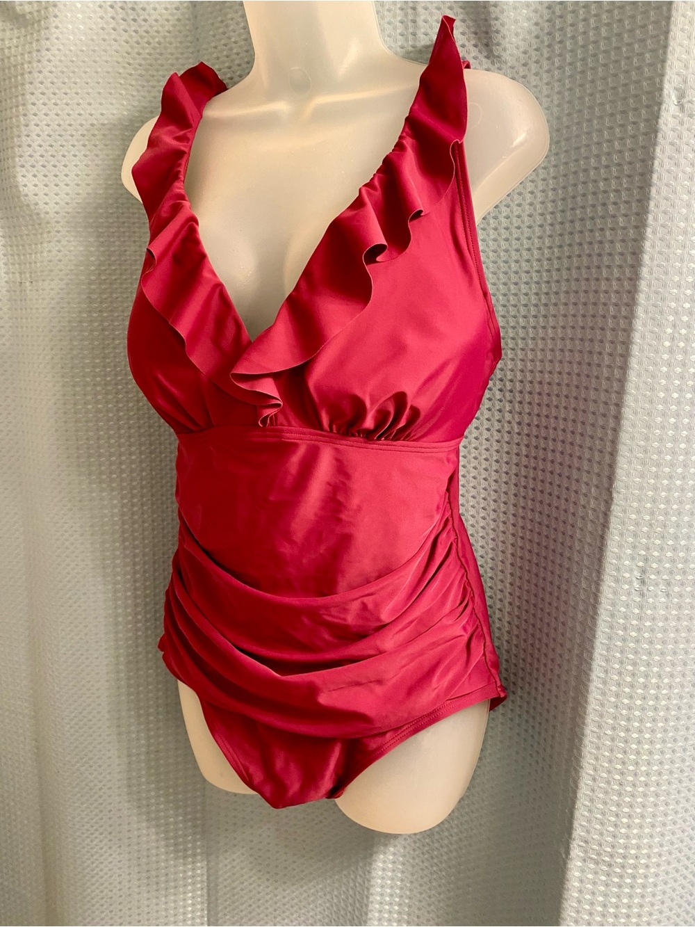 DKNY Raspberry Pink Ruffle Ruched Tummy Control One Piece Swimsuit 14 - Picture 9 of 10